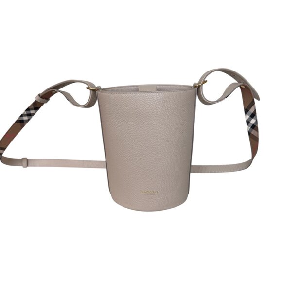 Burberry Small Grainy Leather Bucket Bag Limestone, house check strap - Picture 4 of 15